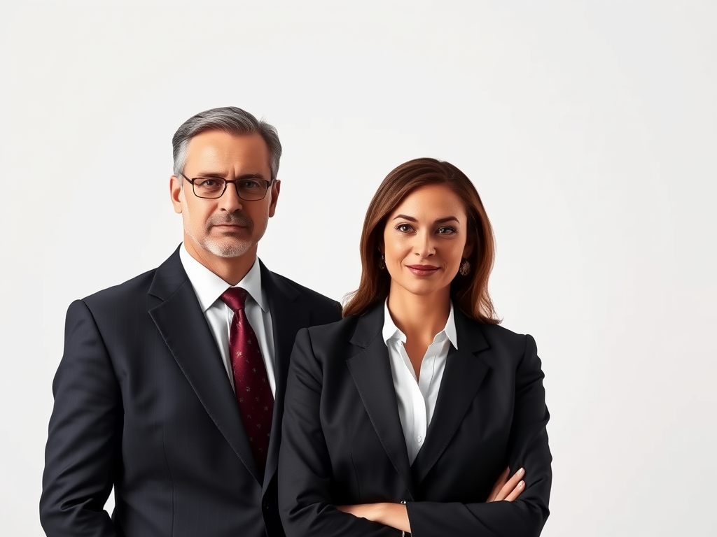 A professional man with glasses and a woman in business attire, standing side by side with confident expressions against a plain background.