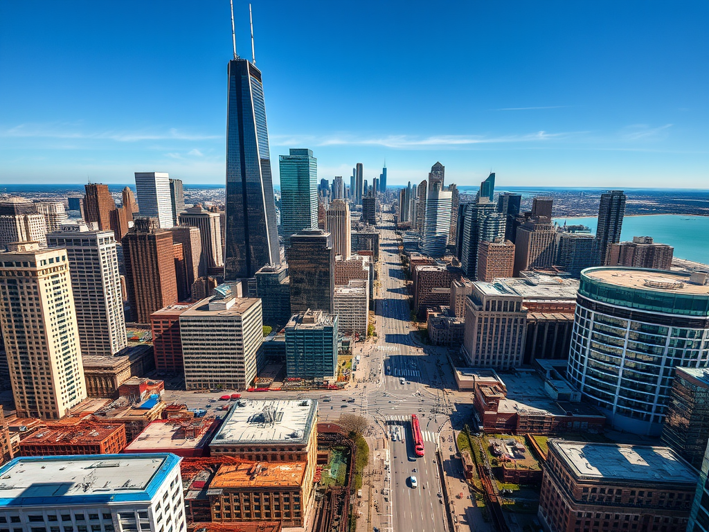 Aerial view of Chicago skyline featuring tall skyscrapers and a clear blue sky.