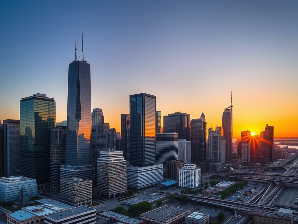 Panoramic view of a city skyline at sunset, featuring tall buildings and skyscrapers against a colorful sky.