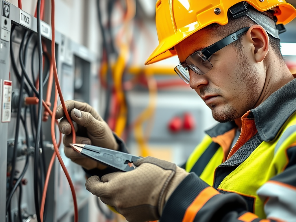 An electrician wearing a hard hat and safety glasses works on electrical wiring, using pliers to handle cables.