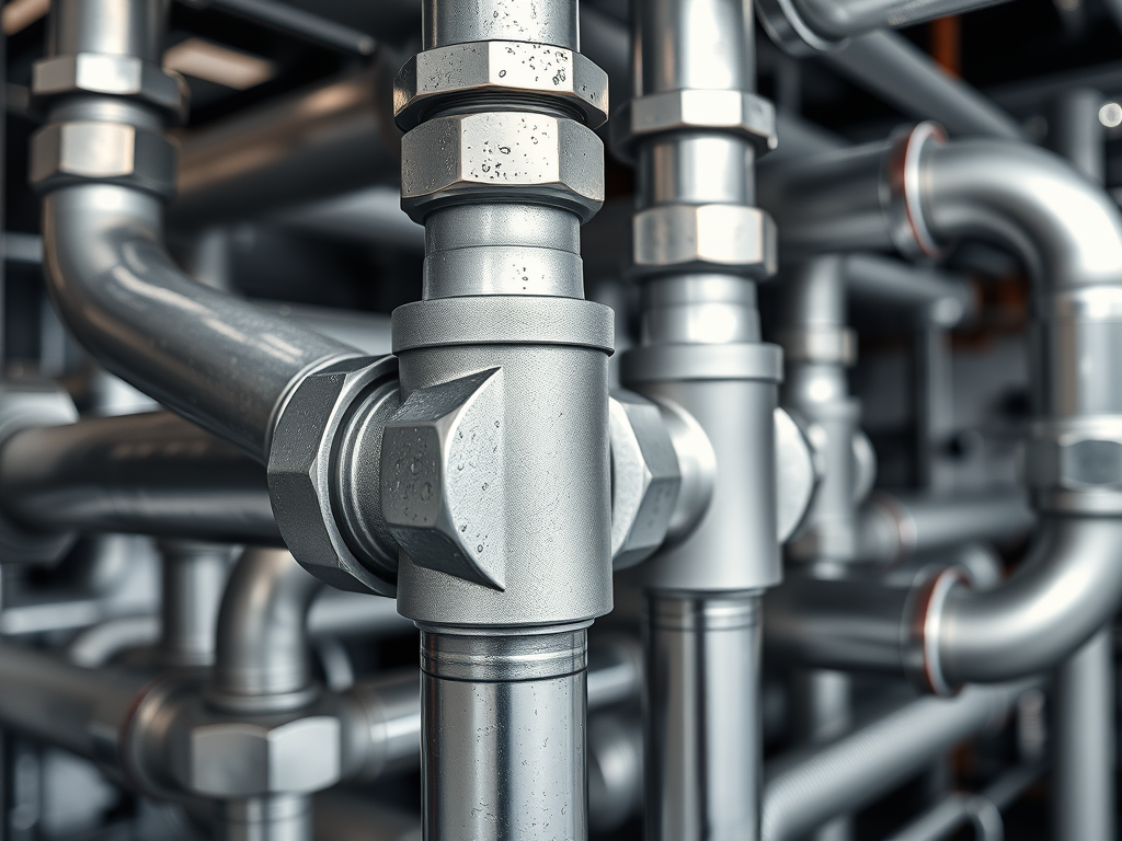 Close-up of interconnected plumbing pipes and fittings in a commercial setting.